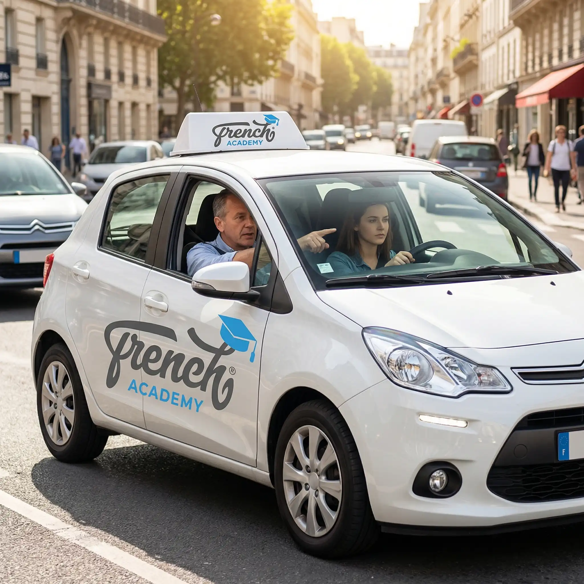 Moniteur auto-école French Academy avec un élève en leçon de conduite