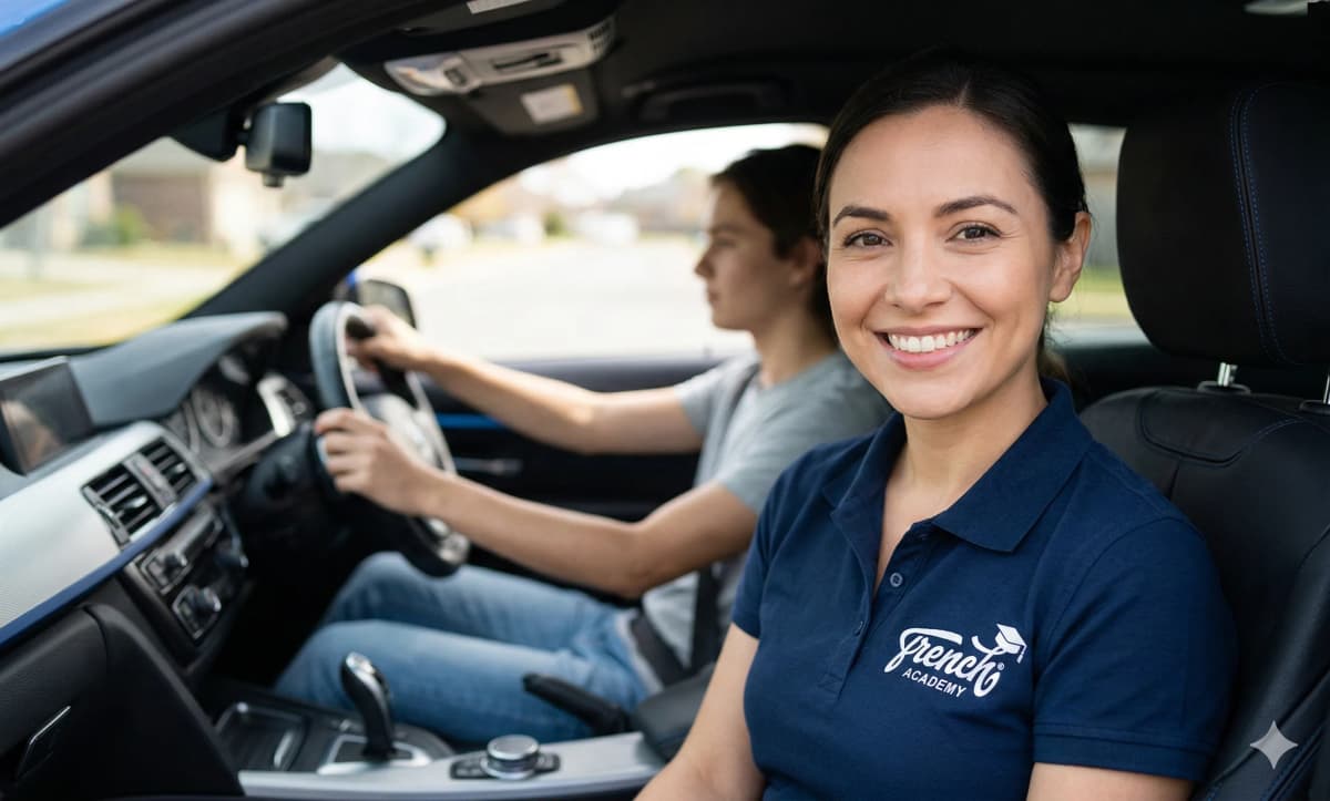 Monitrice French Academy en leçon de conduite — pédagogie immersive TP ECSR